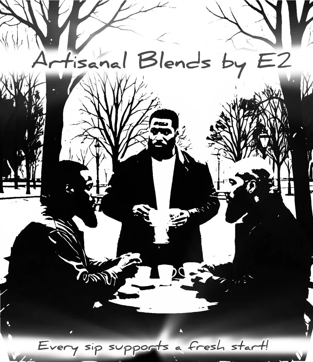Original Artisanal Blends by E2 artwork: three versions of Emmanuel Etoo sharing coffee at a table in a park, with the line Every sip supports a fresh start